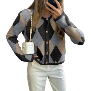Saodimallsu Womens Color Block Cardigan Button Down Crewneck 2024 Fall Trendy Open Front Long Sleeve Sweater Jacket