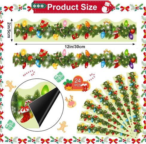 Zhanmai 24 Pcs Christmas Magnetic Bulletin Board Border 23.6 Ft Christmas Lights Magnet Decoration Border Strips Xmas Wreath Magnetic Border for Classroom Office Whiteboard Blackboard Chalkboard in Saudi Arabia