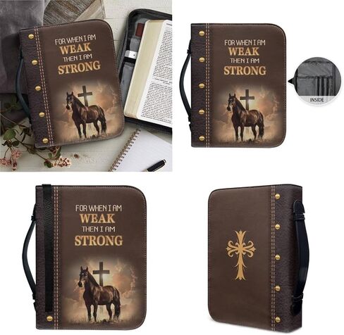 Strong Horse Cross Brown Print Faux Leather Bible Covers for Women Men Book Carrying Case with Bookmarks Zippered Bible Carrier Bag Book Protector Christian Bag, 2XL in Kuwait