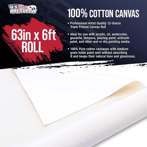 U.S. Art Supply 12" Wide x 2 Yards (6 Feet) Long Unstretched Canvas Roll - 100% Cotton, 12-Ounce Triple Primed Gesso, Acid-Free - Pro Artist Quality, Oil & Acrylic Painting, Murals - Cut To Frame Size in Kuwait