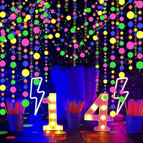 120feet UV Round Dot Paper Neon Garland Neon Streamers Neon Decorations Glow Party UV Reactive Black Light Neon Party Favors Glow in The Dark Party Supplies for Party Wedding Birthday Garlands in Saudi Arabia
