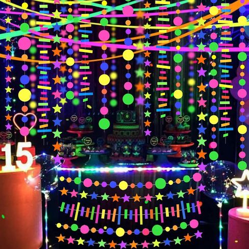 120feet UV Round Dot Paper Neon Garland Neon Streamers Neon Decorations Glow Party UV Reactive Black Light Neon Party Favors Glow in The Dark Party Supplies for Party Wedding Birthday Garlands in Saudi Arabia