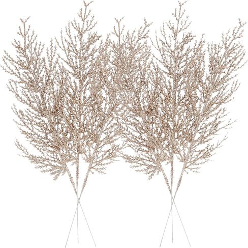 Sea Team 24-Pack Artificial Glitter Pine Tree Twig Ornaments, Decorative Sticks, Glittery Stems, Picks, Branches for Christmas Tree, Small Vase, Holiday, Wedding, Party (14 Inches, Champagne) in Kuwait
