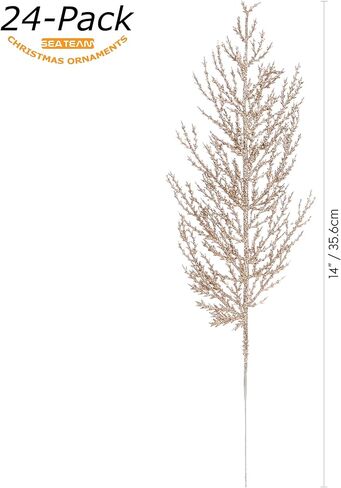 Sea Team 24-Pack Artificial Glitter Pine Tree Twig Ornaments, Decorative Sticks, Glittery Stems, Picks, Branches for Christmas Tree, Small Vase, Holiday, Wedding, Party (14 Inches, Champagne) in Kuwait