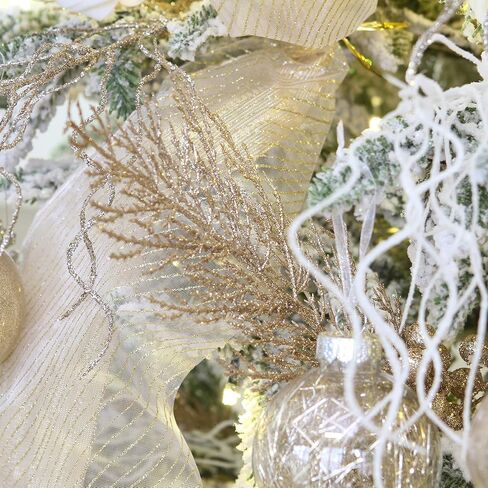 Sea Team 24-Pack Artificial Glitter Pine Tree Twig Ornaments, Decorative Sticks, Glittery Stems, Picks, Branches for Christmas Tree, Small Vase, Holiday, Wedding, Party (14 Inches, Champagne) in Kuwait