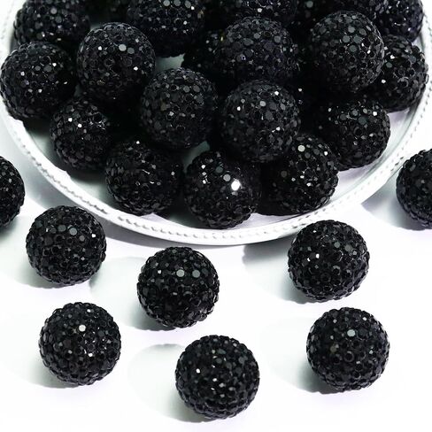 Dowarm 16MM Black Rhinestone Beads for Crafting, Round Polymer Clay Crystal Beads for Jewelry Making Bracelet Necklace Earring Beaded Pen, Fancy Shamballa Pave Disco Ball Diamond Beads, 20PCS in Kuwait