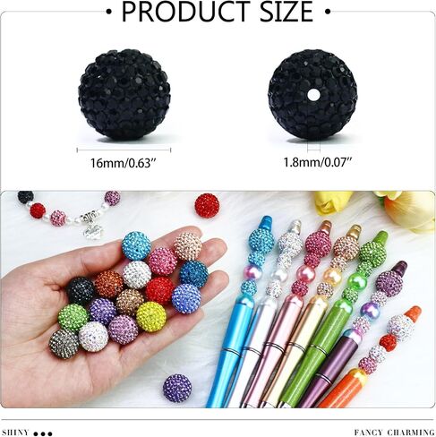 Dowarm 16MM Black Rhinestone Beads for Crafting, Round Polymer Clay Crystal Beads for Jewelry Making Bracelet Necklace Earring Beaded Pen, Fancy Shamballa Pave Disco Ball Diamond Beads, 20PCS in Kuwait