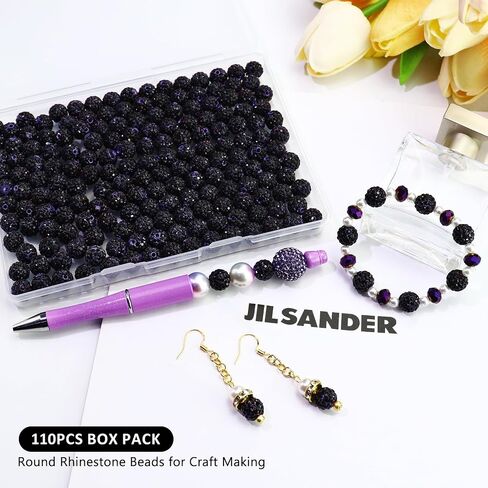 Dowarm 16MM Black Rhinestone Beads for Crafting, Round Polymer Clay Crystal Beads for Jewelry Making Bracelet Necklace Earring Beaded Pen, Fancy Shamballa Pave Disco Ball Diamond Beads, 20PCS in Kuwait