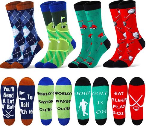 4 Pairs Cute Golf Socks Colorful Cotton Novelty Gifts for Men Funny Casual Sports Themed Crew Socks for Christmas Father's Day Birthday in Kuwait
