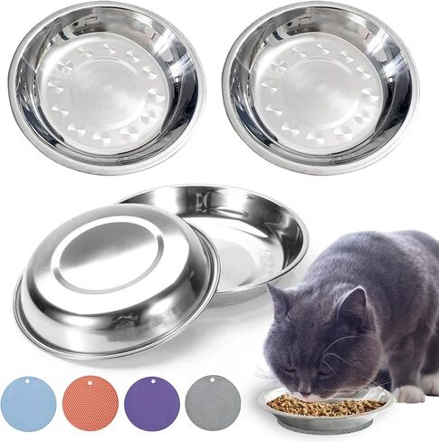 Stainless Steel Cat Feeder, 6.14 inch Wide Shallow Cat Bowls with Whisker Relief, Includes Non-Slip Placemat, Set of 8 for Small Dog & Cat in Kuwait