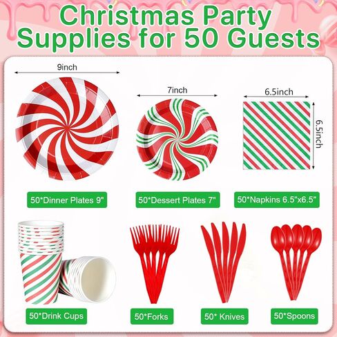 175 Pcs Christmas Candy Cane Party Plates Supplies,Christmas Disposable Tableware Peppermint Swirl Red Green Paper Plate and Napkins Cup Knives Spoon for Christmas Holiday Party Decorations,Serve 25 in Saudi Arabia
