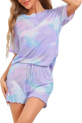 cheibear Womens 2 Piece Lounge Set Tie Dye Pajama Set Short Sleeve Shirt Button Up Sweatsuit Outfits in Saudi Arabia