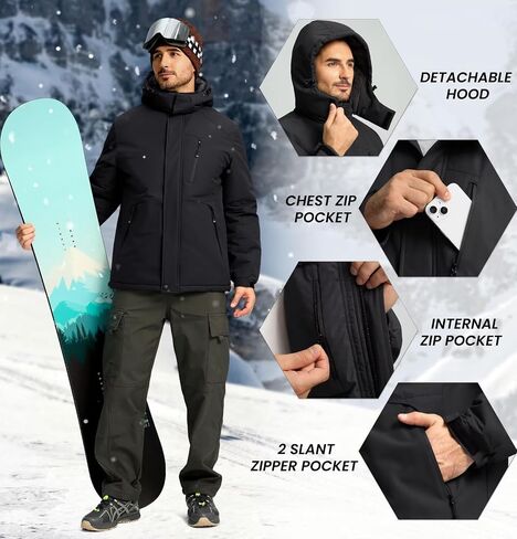 Pudolla Men's Winter Ski Snow Jacket Waterproof Warm Fleece Work Outwear Thermal Parka Raincoat with Detachable Hood in Saudi Arabia