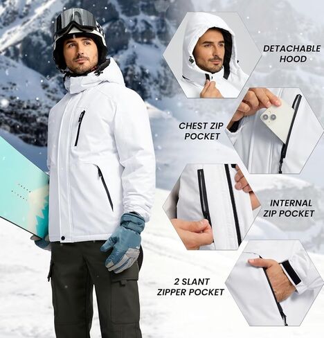 Pudolla Men's Winter Ski Snow Jacket Waterproof Warm Fleece Work Outwear Thermal Parka Raincoat with Detachable Hood in Saudi Arabia