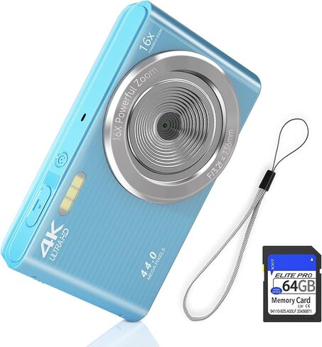 Digital Camera, FHD 1080P 44MP Digital Camera for Kids Video Camera with 64GB SD Card 16X Digital Zoom, Compact Point and Shoot Camera Portable for Kids Boys Girls Teens Students Seniors (Blue) in Kuwait