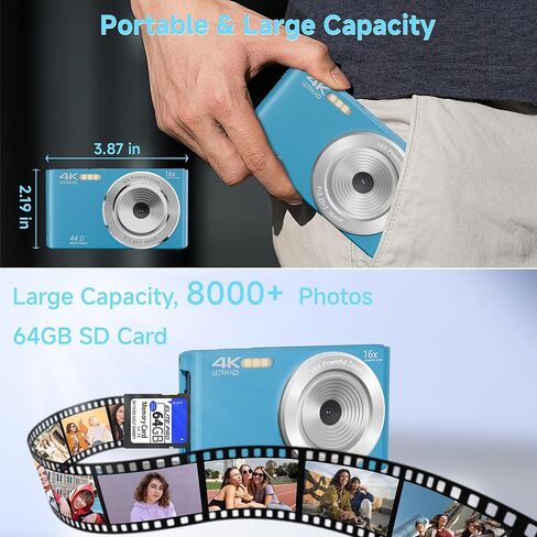 Digital Camera, FHD 1080P 44MP Digital Camera for Kids Video Camera with 64GB SD Card 16X Digital Zoom, Compact Point and Shoot Camera Portable for Kids Boys Girls Teens Students Seniors (Blue) in Kuwait