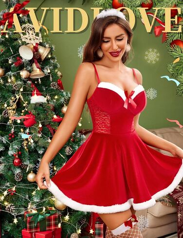 Avidlove فساتين عيد الميلاد المخملية سانتا زي بيبي دول الملابس الداخلية للنساء شقي الدانتيل ثوب النوم الخامس الرقبة ملابس النوم in Saudi Arabia