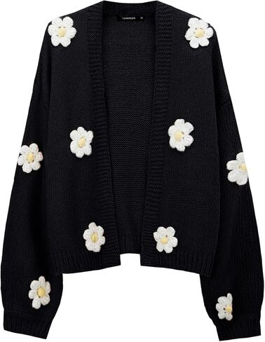 كارديجان نسائي قصير مزين بالزهور عصري للخريف Y2K منتفخ بأكمام طويلة وزر أمامي مفتوح وفتحة رقبة على شكل V سترة منسوجة بالأزرار in Kuwait