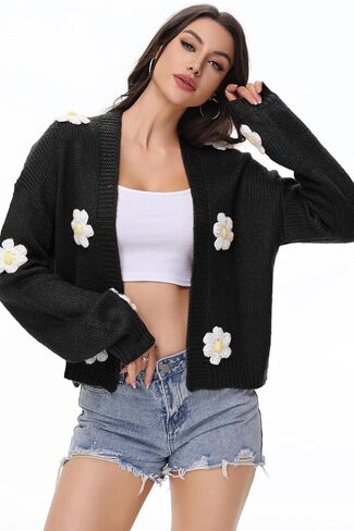 كارديجان نسائي قصير مزين بالزهور عصري للخريف Y2K منتفخ بأكمام طويلة وزر أمامي مفتوح وفتحة رقبة على شكل V سترة منسوجة بالأزرار in Kuwait