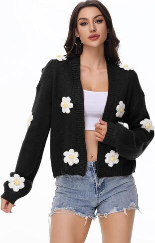 كارديجان نسائي قصير مزين بالزهور عصري للخريف Y2K منتفخ بأكمام طويلة وزر أمامي مفتوح وفتحة رقبة على شكل V سترة منسوجة بالأزرار in Kuwait
