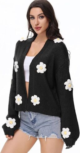 كارديجان نسائي قصير مزين بالزهور عصري للخريف Y2K منتفخ بأكمام طويلة وزر أمامي مفتوح وفتحة رقبة على شكل V سترة منسوجة بالأزرار in Kuwait