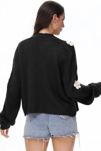 كارديجان نسائي قصير مزين بالزهور عصري للخريف Y2K منتفخ بأكمام طويلة وزر أمامي مفتوح وفتحة رقبة على شكل V سترة منسوجة بالأزرار in Kuwait