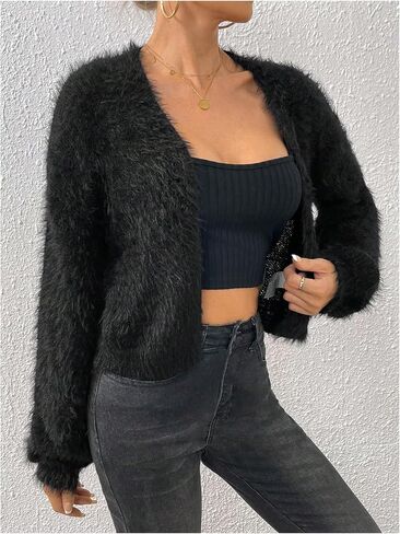 Verdusa Women's Fuzzy Crop Cardigan Long Sleeve Open Front Sweater Shrug Cardigan in Kuwait