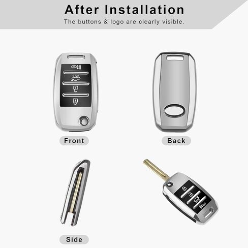 QBUC لـ KIA Key Fob Cover Case مع سلسلة مفاتيح لعام 2013 2014 2015 2016 2017 Kia Sorento Sedona Soul Rio إلخ (مفتاح الوجه/الطي) (فضي) in Saudi Arabia