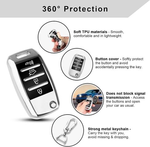 QBUC لـ KIA Key Fob Cover Case مع سلسلة مفاتيح لعام 2013 2014 2015 2016 2017 Kia Sorento Sedona Soul Rio إلخ (مفتاح الوجه/الطي) (فضي) in Saudi Arabia