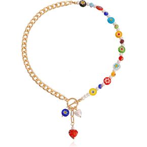 CJIAYUJEW Colorful Gold Chunky Heart Necklace for Women Heart Pendant OT Cuban Chain Necklace Boho Trendy Dainty Cute Heart Choker Necklace