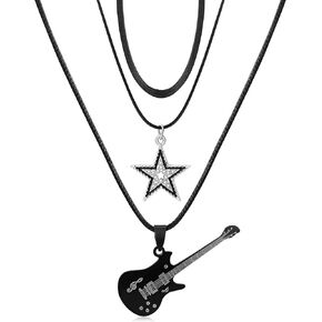 Star Guitar Pick Necklace Punk Choker Rock Roll Grunge Pendant Layered Necklace for Women Men