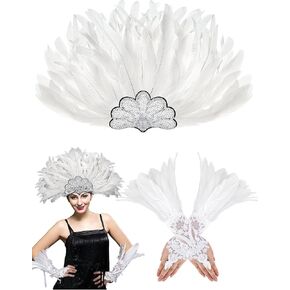 قطعتين من عصابة رأس الهالوين من الريش بجعة الطاووس وقفازات طويلة من الدانتيل من أجل حفلة تنكرية للكرنفال in Kuwait