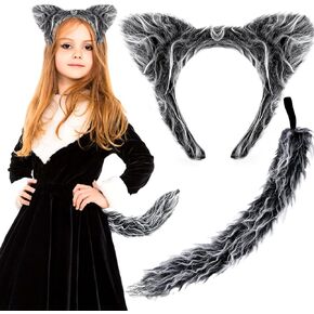 2 PCS Halloween Wolf Costume Kits Includes Wolf Ears Headband Tail for Werewolf Big Bad Wolf Cosplay Halloween Party Dress Up Supplies
