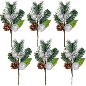 DR.DUDU Christmas 6 Pack 12'' Elegant Faux Picks Evergreen Sprigs + Gold & Silver Globe Ornaments + Pine Cone + Green Poinsettia Leaf + Mini Gold Balls (Silvery)