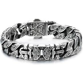 COOLSTEELANDBEYOND Mens Tribal Tattoo Pattern Link Chain Bracelet, Fancy Vintage Curb Chain Bracelet Steel Heavy Sturdy