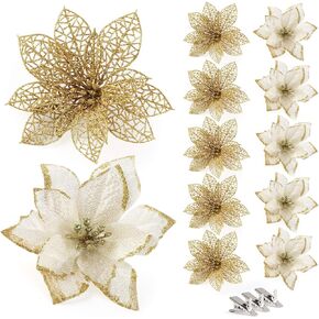 ilauke 24Pcs Gold Poinsettias Artificial Christmas Flowers, 6" Glitter Artificial Christmas Flowers with 30 Clips, for Xmas Tree Decorations Wedding Party Fireplace Stairs Decor