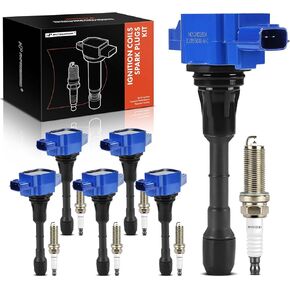 A-Premium (Red) Ignition Coil Pack and Iridium Spark Plugs Compatible with Nissan & Infiniti Vehicles - Maxima Murano Pathfinde Quest Altima, Q50 QX60 EX35 FX35-2.5L 3.5L, Replace 22448JA10A 93501