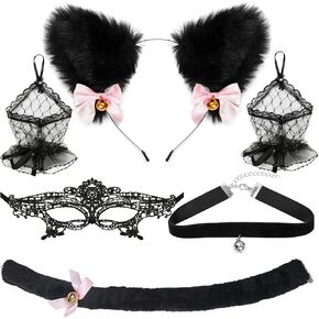 Tongcloud 6pcs Cat Ears Headband Bell Choker Lace Fingerless Gloves Set Animal Anime Faux Fur Fox Cat Dog Ears Headband