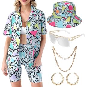 80s 90s Outfit for Women Retro Theme Party Disco Outfit Hip Hop Button Up Blouse Tops Casual Short Sleeve Hawaiian Vintage