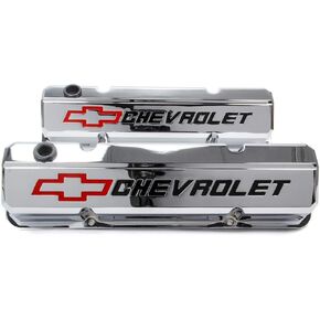ProForm 141-930 Valve Cover, Slant-Edge, Tall, Baffled, Breather Hole, Recessed Chevrolet Bowtie Logo, Aluminum, Chrome, Small Block Chevy, Pair