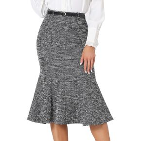Allegra K Tweed Midi Skirt for Women's Plaid Belted Fishtail Bodycon Skirts