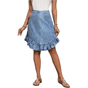 WDIRARA Women's Denim Elastic High Waist Skirt A Line Knee Length Ruffled Hem Skirts