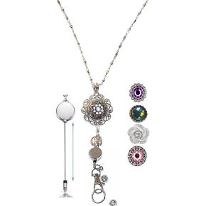 Hidden Hollow Beads Retractable Badge Reel, Interchangable Snap Button Round Women's Beaded Lanyard, Strong, ID Card Holder, Keys Teacher Nurse Cruise Key Keychain
