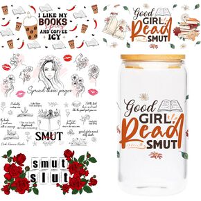 UV DTF Cup Wraps Sticker - 5 Sheets Smut UV DTF for 16 OZ Glass, Smutty Sticker, Dark Romance, Rose Flower, Book, Coffee, Chili Design, Waterproof Rub on Transfer, Gifts for Bookish Book Lover
