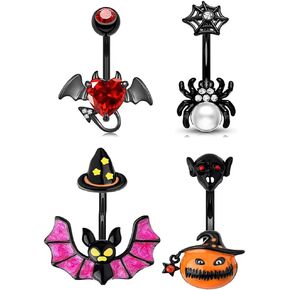 4Pcs 14G Halloween Bat Pumpkin Spider Devil Heart Belly Button Rings for Women Black Stainless Steel Belly Navel Rings Curved Barbells Halloween Body Piercing Jewelry