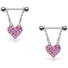 Pierced Owl - 14GA Heart CZ Paved Dangle 316L Surgical Stainless Steel Barbell Nipple Rings, Sold as a Pair
