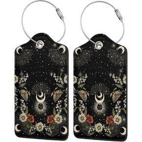 Floral Lunar Night Sky Moon Eclipse 2 Pack Luggage Tags, Unique Leather Suitcase Tags Identifiers with Privacy Name Address Labels & Durable Steel Loop