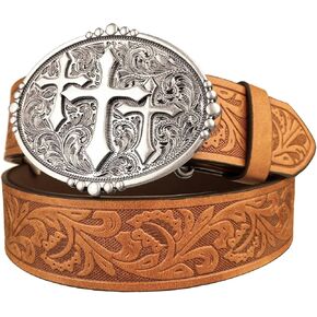 TOPACC Womens Western Belt Brown Leather Cowboy Cowgirl Belt Religious Cross Buckle Country Belt for Jeans Pants Outfit