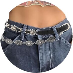 حزام خصر جلدي من ELABEST Boho حزام أسود غربي بطبقات سلسلة عتيقة للنساء