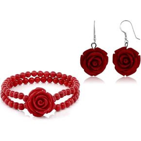 Gem Stone King 7 Inch Red Simulated Coral Bead Rose Flower Stretch Bracelet and 20MM 925 Sterling Silver Red Simulated Coral Carved Rose Flower Earrings | Jewelry Set for Women